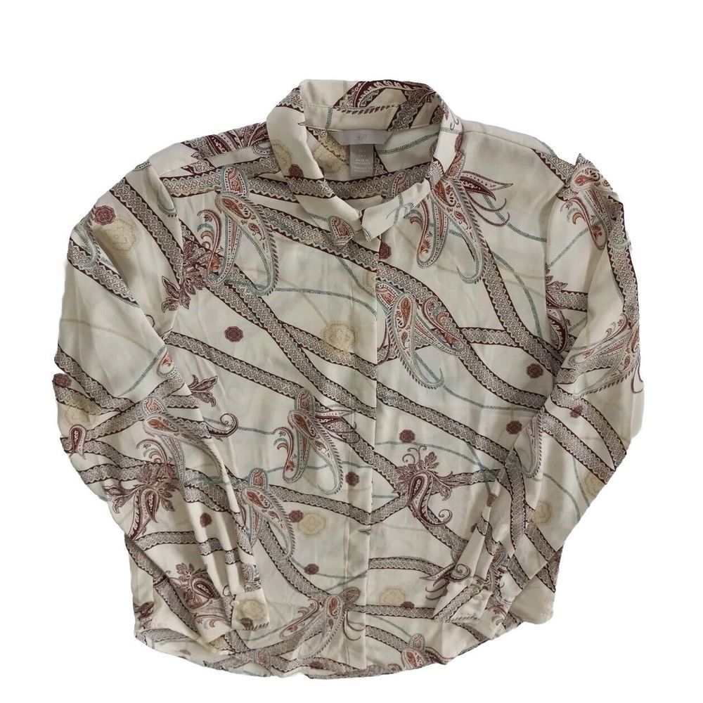 H&M Women's‎ US 4 Paisley Long Sleeve Button Down Shirt Beige Brown Polyester
